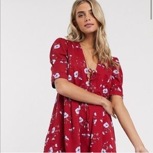 Free People red sundress with lavender flowers